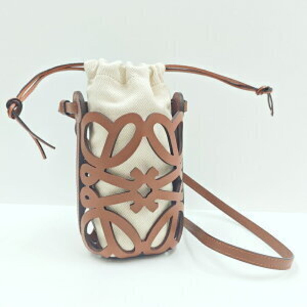 LOEWE Anagram Cutout Pocket Shoulder Bag Brown Leather Canvas